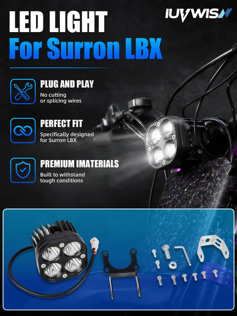 LED Headlight Kit for Sur Ron Surron LBX Light Bee X S Electric Dirt Bike With Light Bar Headlamp and Mount Bracket Plug and Play No Cutting Needed 6500K Ultra Bright 4 5054 LED Chips displayed against a dark bike.