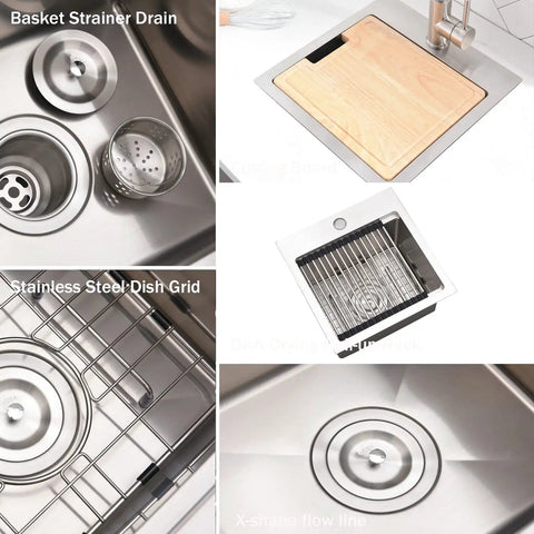 Drop-In Bar Sink Workstation With Deep 10 Inch Single Bowl, 16 Gauge Stainless Steel showing cutting board, strainers, and dish grid.