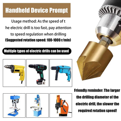 Usage instructions for Six Piece Countersink Drill Bit Set With One Quarter Inch Hex Shank HSS Five Flute Countersink Bits
