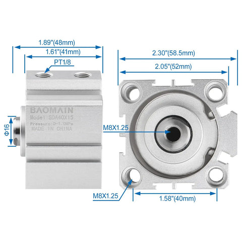Front view of Compact 40mm Bore Thin Air Cylinder With 15mm Stroke Double Acting Single Rod Aluminum Body dimensions shown