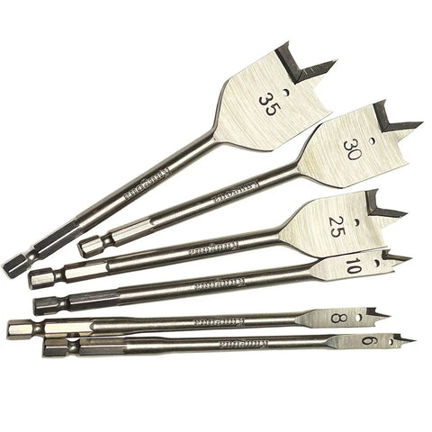 Heavy Duty Spade Drill Bit Set For Woodworking With High Carbon Steel Paddle Bits And Quick Change Hex Shank in sizes 6 8 10 25 30 35mm.