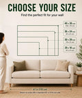 Woman choosing wall art size for living room; options include 40x30, 36x24, 30x20, and 20x16 inches above beige sofa