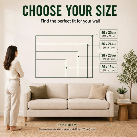 Size chart for wall art above a sofa, showing four options from 40x30 inches to 20x16 inches for "Soaring Gliders Over Mountain Peaks Wall Art Canvas Print Or Poster For Home Decor Ready To Hang Framed Or Unframed Options Epic Mountain Adventure Vibes For Gallery Wall And Living Room Decor."
