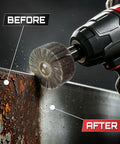 Before and after rust removal using the Twenty Piece Flap Wheel Sanding Kit With Quarter Inch Drill Shank For Smoothing Wood And Metal Surfaces High Grit Abrasive Set.