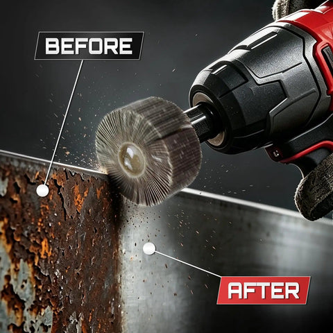 Before and after rust removal using the Twenty Piece Flap Wheel Sanding Kit With Quarter Inch Drill Shank For Smoothing Wood And Metal Surfaces High Grit Abrasive Set.