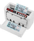 Portable Money Counter Machine With UV And Magnetic Counterfeit Detection, showing two bills inserted, compact desktop design