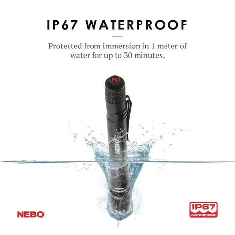 EDC Pen Light Flashlight 360 Lumens, Rechargeable USB or AAA Powered, Waterproof, submerged in water to show IP67 rating