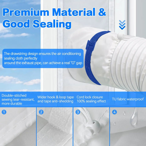 All In One Window Vent Kit For Portable AC And Dryer With Waterproof Seal showing blue strap and drawstring closure on hose