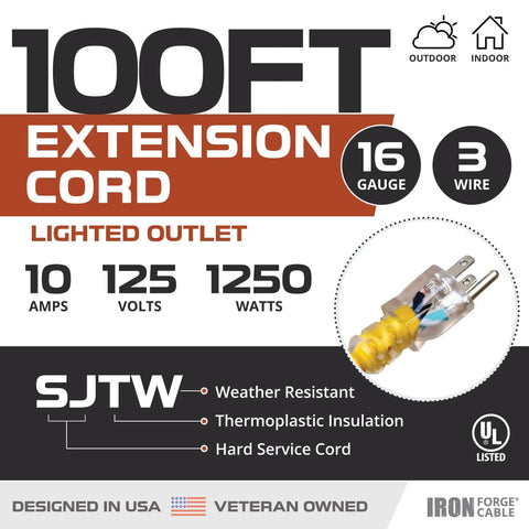 Weatherproof 100 Ft Outdoor Extension Cord Heavy Duty 16 Gauge 3 Conductor SJTW 10 Amp with Lighted End in Bright Yellow 3 Prong