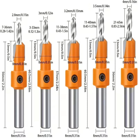 Heavy-Duty Countersink Drill Bit Set, 5-piece with 8/10mm round shanks and 2.8-4mm conical bits, front view