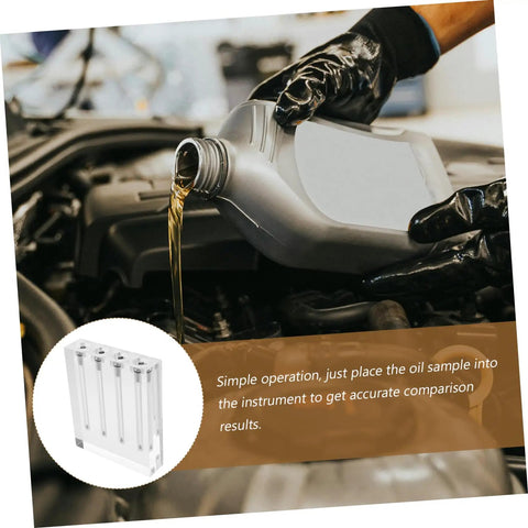 Oil Viscosity Tester Tool For Accurate Engine Oil Quality Check And Auto Maintenance Acrylic Stand Included Durable And User Friendly For Auto Shops And DIY Car Care Enthusiasts. Acrylic tester with engine oil poured in auto shop