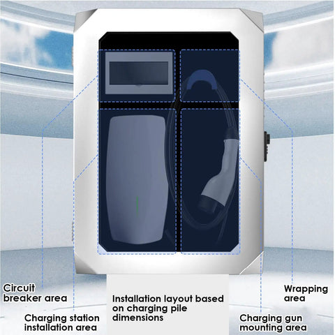 Rock Solid Outdoor EV Charger Lock Box Featuring Hella Reliable Tempered Glass Viewport installation layout with charging gun and circuit breaker areas.