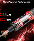 Cross-section of 75 In 1 Mini Electric Screwdriver Set With 71 Magnetic S2 Bits, showing 0.35 Nm torque and 200 RPM speed.