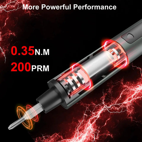Cross-section of 75 In 1 Mini Electric Screwdriver Set With 71 Magnetic S2 Bits, showing 0.35 Nm torque and 200 RPM speed.