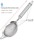 304 Stainless Steel Fine Mesh Strainer With Handle Skimmer For Kitchen, showing dimensions and premium steel description