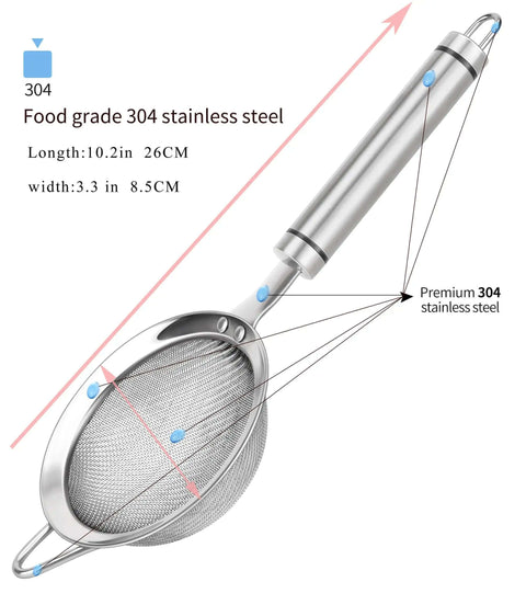 304 Stainless Steel Fine Mesh Strainer With Handle Skimmer For Kitchen, showing dimensions and premium steel description