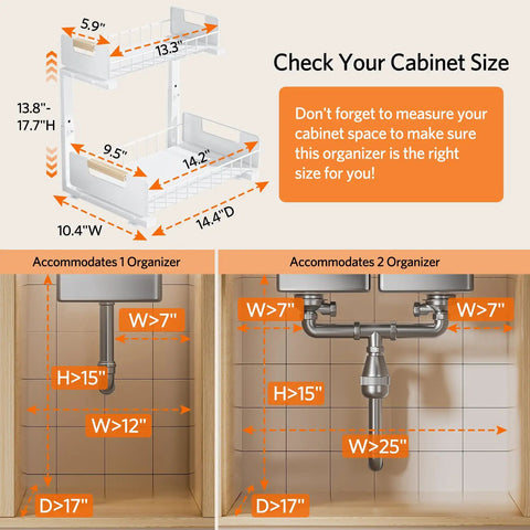 Sleek Two Tier Pull Out Under Sink Organizer For Kitchen Cabinets dimensions guide with adjustable height for cabinet spaces.