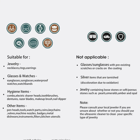 Image showing suitable and not suitable items for the Deep Clean Pro Ultrasonic Jewelry Cleaner With Variable 47KHz To 50KHz Frequency And UV Light.