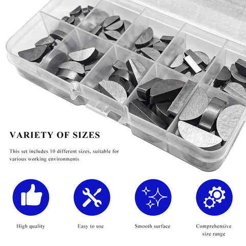 YTFRL woodruff key assortment kit, 120pcs, carbon steel semicircular keys in a clear 10-compartment organizer (Amazon)