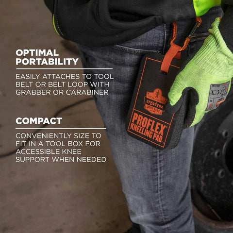 Compact Kneeling Pad With Carabiner And Built In Handle, 4 By 6 By 1 Inch NBR Foam Cushion, attached to worker's belt.