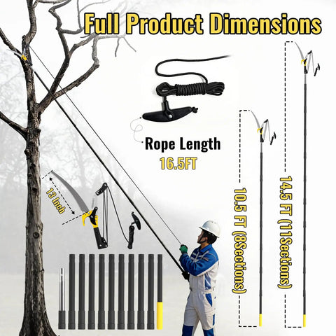 Diagram of 14.5Ft Pole Saw And Pruner 2-In-1 Extendable Long Handle Tree Trimmer with dimensions and rope length details.