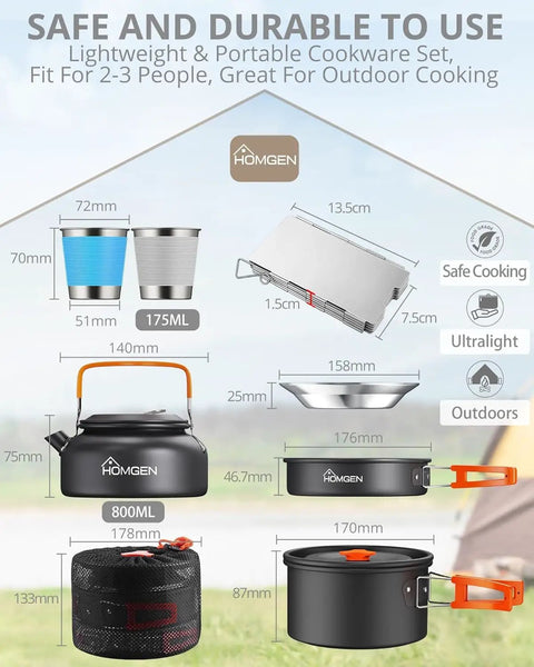 Portable Camping Cooking Set With Folding Wind Screen Lightweight Aluminum Pots And Pan 800ml Teapot 2 Cups And Plates Kit
