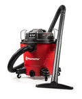 Heavy Duty 12 Gal Wet Dry Shop Vac With Beastly 5.5 Peak HP Motor And Nine Must Have Cleaning Attachments For Cranking Nasty Garage Jobs And Spills Features Classic Red Plastic Design, showing red vacuum with hose.