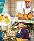 Six Pairs Tough As Nails Large Cowhide Leather Work Gloves With Reinforced Palm And Stretchable Wrist displayed in a workshop