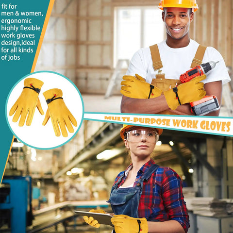 Six Pairs Tough As Nails Large Cowhide Leather Work Gloves With Reinforced Palm And Stretchable Wrist displayed in a workshop