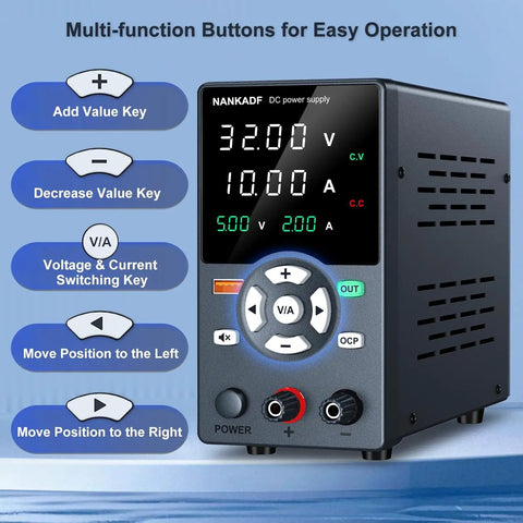 Variable 30V 10A Bench Power Supply With USB Fast Charging Port and Output Current Display, On Off Button, OCP Alarm