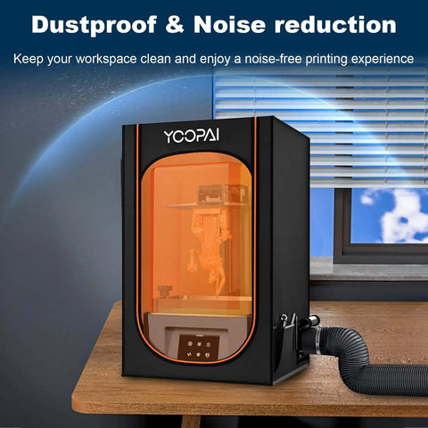 Resin 3D Printer Enclosure With Built In Ventilation Filter Odor Control Carbon Filter for home use, on wooden desk.
