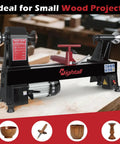 Heavy Duty Badass Benchtop Wood Lathe Machine 12 By 18 Inch on workbench, ideal for small wood projects with a black finish.