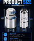 Heavy Duty Anti Theft Wheel Lock Lug Nuts M14x1.5 showing dimensions and thread sizes, crafted for Chevy Tahoe and GMC trucks.