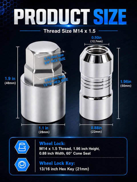Heavy Duty Anti Theft Wheel Lock Lug Nuts M14x1.5 showing dimensions and thread sizes, crafted for Chevy Tahoe and GMC trucks.