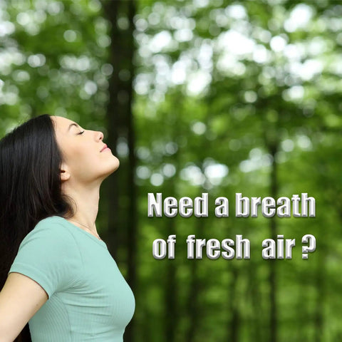 Woman in green shirt outdoors with text 'Need a breath of fresh air?' in forest background