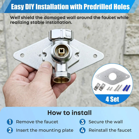 4 Pack Aluminum Hose Bib Mounting Plates Outdoor Spigot Mounting Kit Beefy Heavy Duty Rust Resistant Brackets For Garden Patio Farm Water Lines UV Coated Durable And Easy To Install, installed on wall faucet