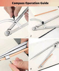 Tough As Nails All Metal Drafting Compass With Adjustable Wing Divider And Secure Pencil Holder showcasing operation steps for accurate geometry.