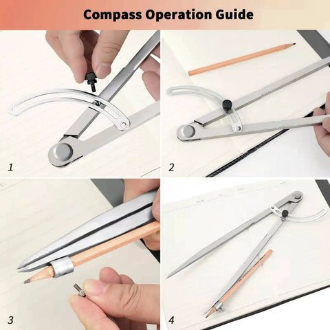 Tough As Nails All Metal Drafting Compass With Adjustable Wing Divider And Secure Pencil Holder showcasing operation steps for accurate geometry.