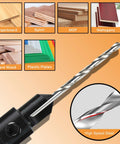 12 Piece Countersink Drill Bit Set With 3 In 1 Wood Counterbore Kit for various materials, illustrated with fingerboard, splint, MDF, mahogany.