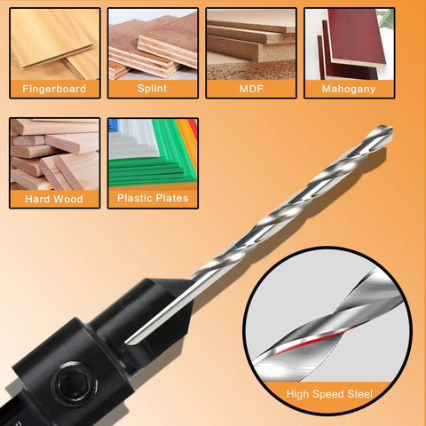 12 Piece Countersink Drill Bit Set With 3 In 1 Wood Counterbore Kit for various materials, illustrated with fingerboard, splint, MDF, mahogany.
