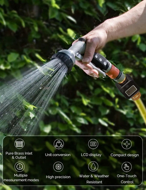 Using water flow meter on garden hose. Water Flow Meter With Brass Inlet And Outlet, heavy duty metal threaded connections, precise flow readout.