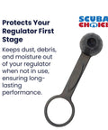 DIN Regulator First Stage Dust Cap Made From Durable EPDM Rubber Protects Scuba Gear From Dust Sand Water And Debris A Must Have For Dive Equipment Maintenance Black, shown with text