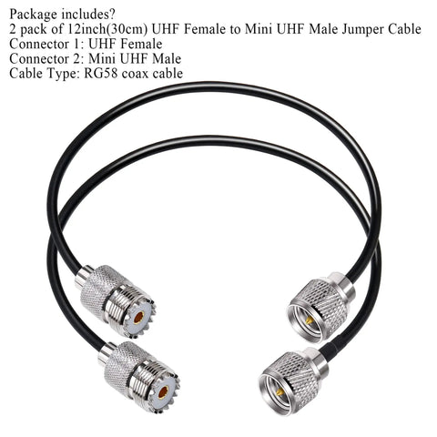 Mini UHF To UHF Extension Cable 12 Inch Coax Jumper RG58 50 Ohm Cable For CB Radios PL259 To SO239 Connector 2 Pack Plug