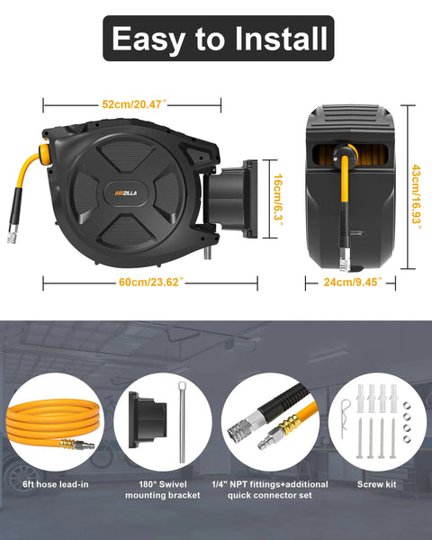 Commercial Grade Retractable Air Hose Reel Featuring Zero Hassle Auto Rewind And Absolutely Kink Free Flex Design Built For Garage Grinders Who Need Dependable High Pressure Pneumatic Pull Power Without The Drama with clear dimensions.