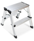 2 Step Aluminum Folding Ladder For Home And Kitchen, Grab And Go Lightweight Portable Step Stool With Wide Pedals, Compact Metal Ladder For RV And SUV, Garage Use, Supports Up To 330 Lbs, white aluminum side view