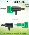 Close-up of 50 Count Adjustable Water Flow Drippers For Yard Irrigation 360 Degree Rotatable Drip Emitters For One Quarter Inch Tubing Easy To Install, showing product dimensions.