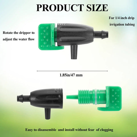 Close-up of 50 Count Adjustable Water Flow Drippers For Yard Irrigation 360 Degree Rotatable Drip Emitters For One Quarter Inch Tubing Easy To Install, showing product dimensions.