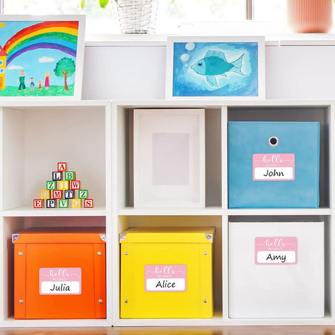 Light Pink Hello My Name Is Stickers Set, 300 Pcs Name Tag Labels On A Roll for classroom storage boxes labeled John, Julia, Alice, Amy