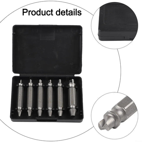 Heavy Duty Double Headed Screw Extractor Set 6 Pieces Removes Stripped Rusty Broken Bolts Like A Champ High Speed Steel Drill Bits 2-12mm Tough Gear For Any Mechanic Job That Needs Serious Guts. Black case with six steel extractors