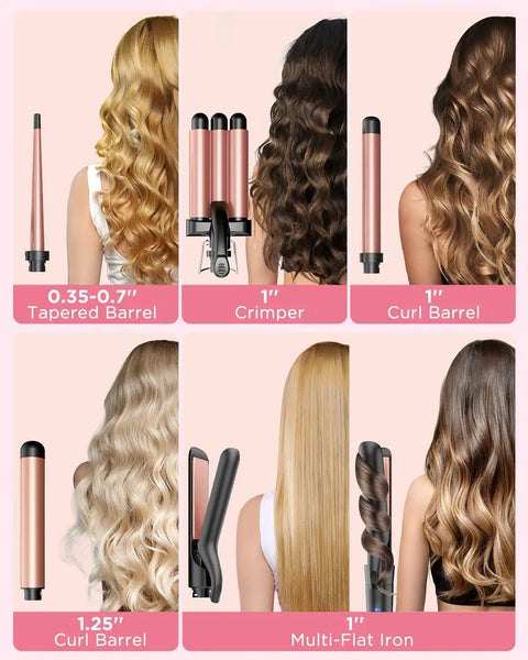 5 In 1 Curling Iron Set With Flat Iron, Triple Barrel Waver, Tapered Wand, And Two Curling Irons 0.35 To 1.25 Inches, Rose Gold Finish